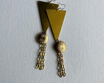 Brass triangle Concho tassel earrings