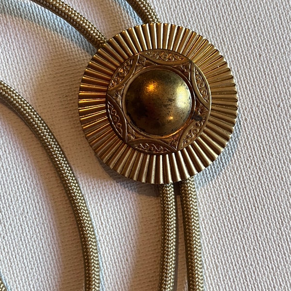 Vintage brass domed sun ray Bolo tie necklace