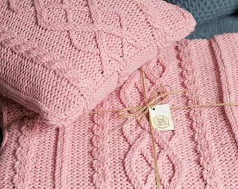 Lovely Cable Knit Blanket+ Knitted Pillow Cover Set, Pink Chunky Blanket,Knitted Baby Blanket