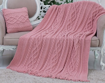 Pink Cable Knit blanket, Hand knitted throw blanket, Chunky knit throw +1 pillow case included