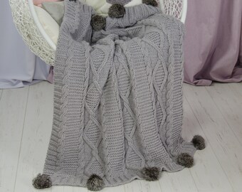 Lovely Baby Blanket,Knit Baby Blanket, Baby Shower Present, Gray Stroller Blanket, Carriage Blanket, Baby Blanket with Pompoms