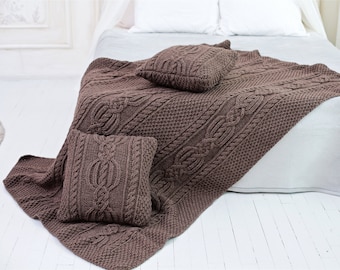 Beautiful Hand Knitted Brown Bedspread+ 2 knitted pillow covers Set, Cable Knit Blanket
