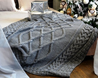 Cable Knit Throw+ 2 Pillow Covers, Chunky knit blanket, Gray bedspread, Cable knit throw blanket, Wool Knit Blanket, Handmade