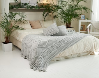 Beautiful handmade blanket with pompones, cable knit blanket, handmade bedspread