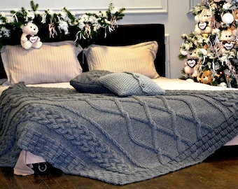 Gorgeous Chunky Gray Throw, Cable knit blanket, luxury bedspread, hand knit blanket