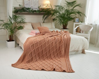 Luxury handmade bedspread, cable knit blanket, hand knitted blanket, wool knit blanket, chunky knit blanket