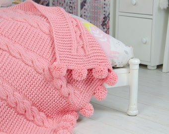 Lovely Baby Blanket,Knit Baby Blanket, Baby Shower Gift, Pink Stroller Blanket, Carriage Blanket with Pompomes