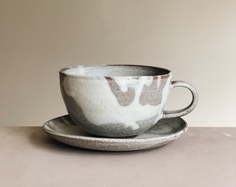 Matte white cup & saucer, handmade stoneware ceramic