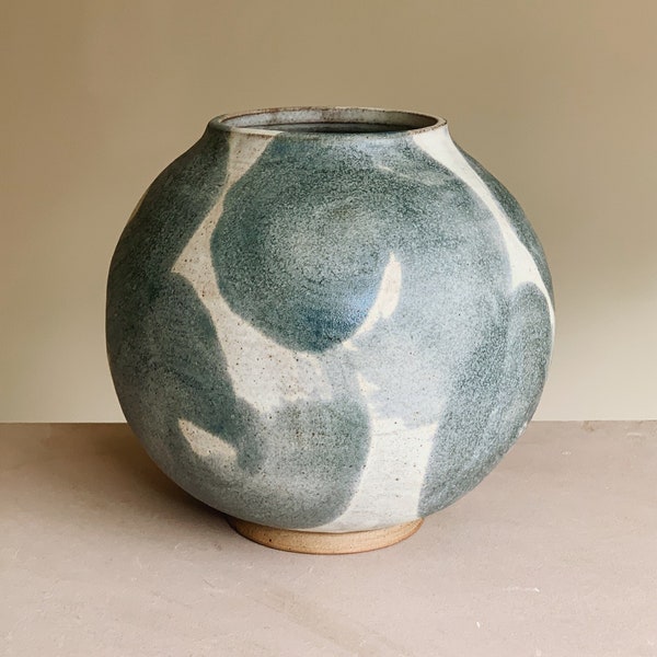 Ocean wave moon jar, handmade round stoneware ceramic vase