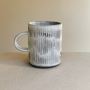 Hand carved rustic white ceramic mug cup in toasted clay, handmade stoneware ceramic Ridges