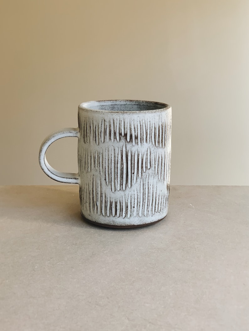 Hand carved rustic white ceramic mug cup in toasted clay, handmade stoneware ceramic Ridges