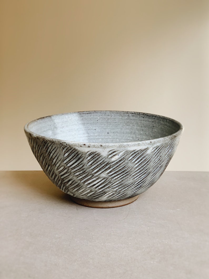 Hand carved white breakfast bowl, soup bowl, handmade stoneware ceramic everyday bowl image 8