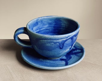 Sky blue cup & saucer, handmade stoneware ceramic