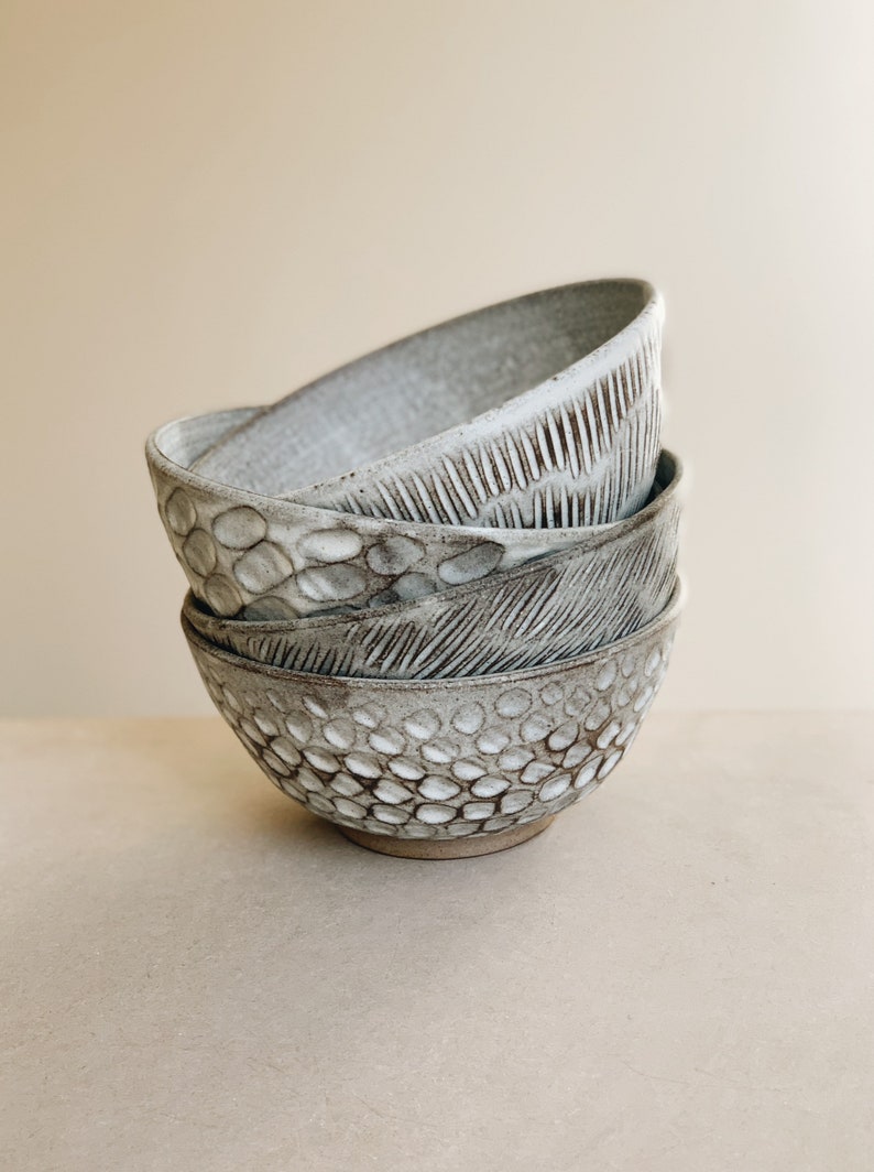 Hand carved white breakfast bowl, soup bowl, handmade stoneware ceramic everyday bowl image 1
