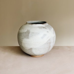 Matte white moon jar, handmade round stoneware ceramic vase