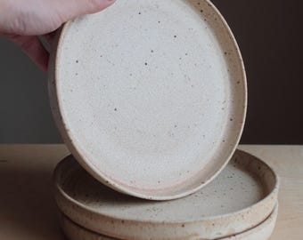 May include: A stack of speckled ceramic plates in a neutral color palette. One plate is being held up, revealing the rim and the speckled surface. The plates have a slightly raised edge and a matte finish, suitable for serving food.