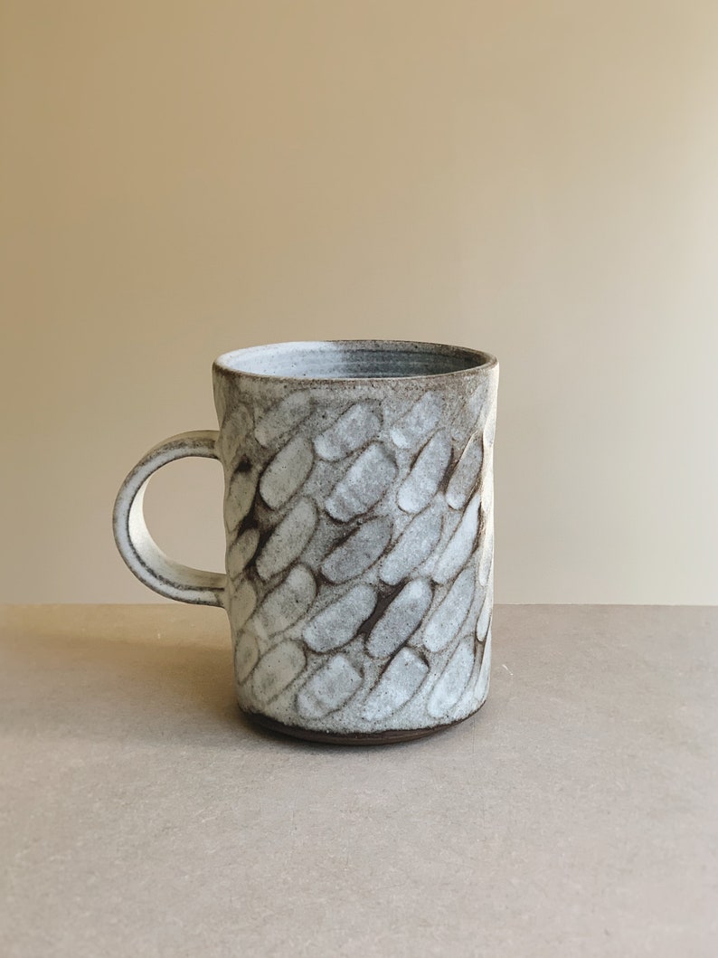 Hand carved rustic white ceramic mug cup in toasted clay, handmade stoneware ceramic Ripples