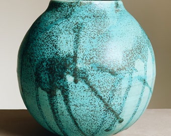Teal green moon jar, handmade round stoneware ceramic vase