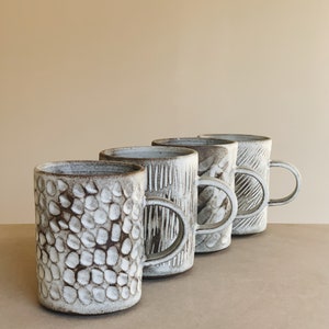 Hand carved rustic white ceramic mug cup in toasted clay, handmade stoneware ceramic image 2