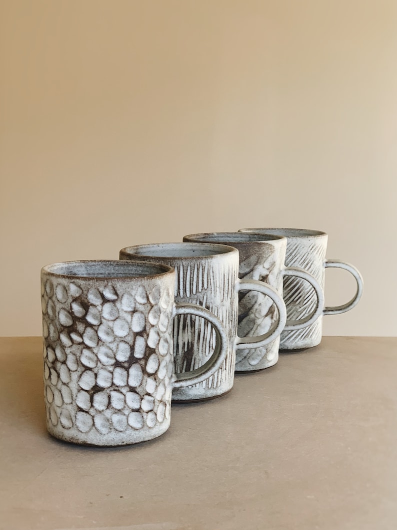 Hand carved rustic white ceramic mug cup in toasted clay, handmade stoneware ceramic image 2