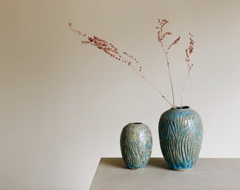 Celadon blue hand carved round stoneware ceramic vase, Tides