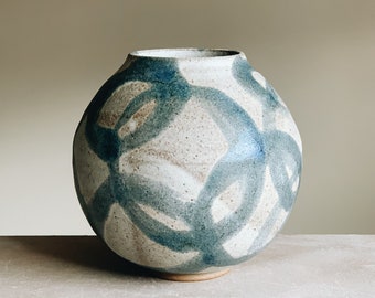 Blue chain moon jar, handmade round stoneware ceramic vase