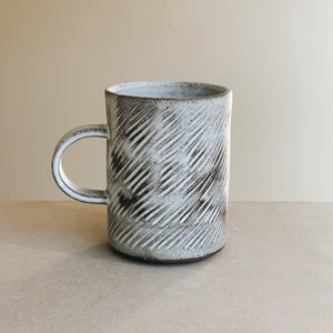 Hand carved rustic white ceramic mug cup in toasted clay, handmade stoneware ceramic Drizzles