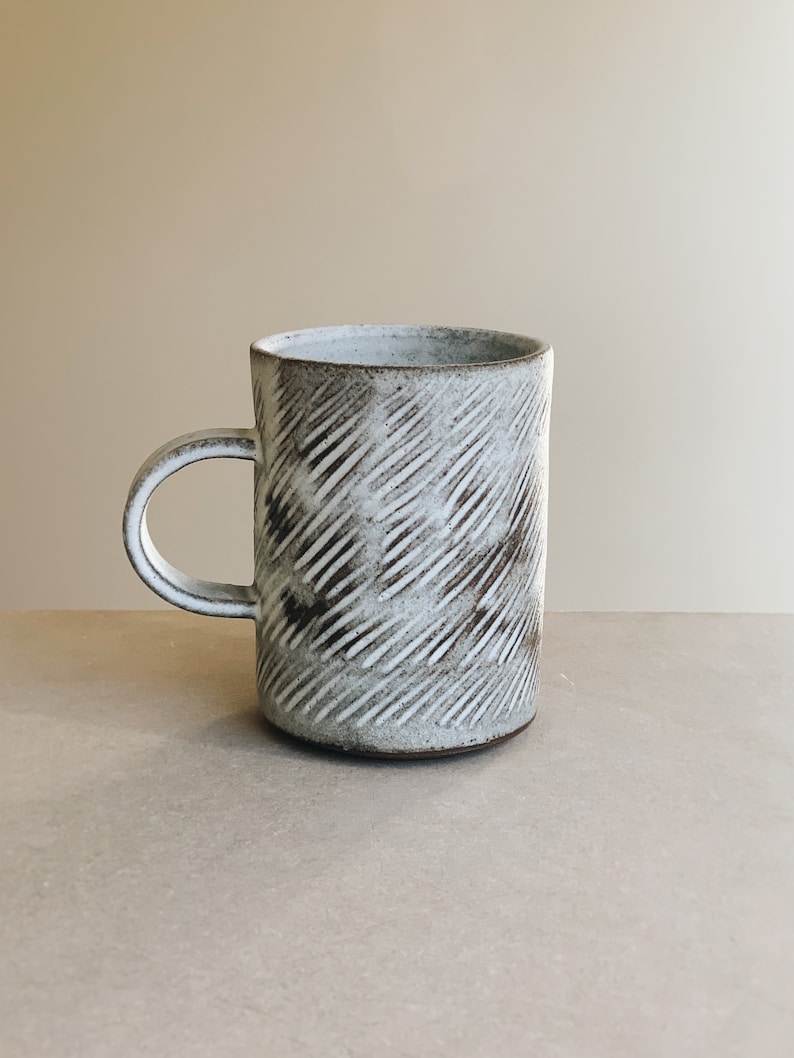 Hand carved rustic white ceramic mug cup in toasted clay, handmade stoneware ceramic Drizzles