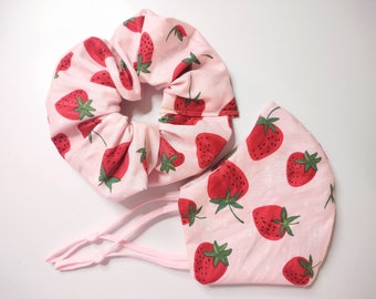 Strawberry Face Mask, Matching Scrunchie, Strawberry Scrunchie, Strawberry Face Covering, Strawberry Hair Accessories, Strawberry Set