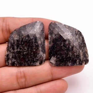 以下が含まれることがあります： 2つのファセット加工された、不規則な形の宝石。石は、黒、グレー、赤のヒントが混ざった、暗く斑点のある外観をしています。石のカットは、複数の反射面を作り出しています。