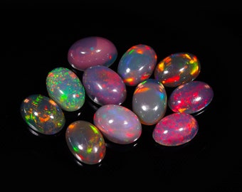 Natural Black Ethiopian Opal Oval Cabochon, Multi Fire Opal Gemstone Lot, Flashy Fire Opal Cabs, Ethiopian Opal For Making Jewelry, S-1548