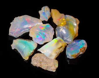 9 Pcs Natural Ethiopian Opal Gemstone Slice, Ethiopian Opal Rough, Flashy Fire Opal, Multi Fire Opal, Loose Opal Raw, Opal Crystal, S-1413