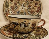Antique Satsuma Moriage Japanese Tea Cup Saucer and Underplate Circa 1880-1920