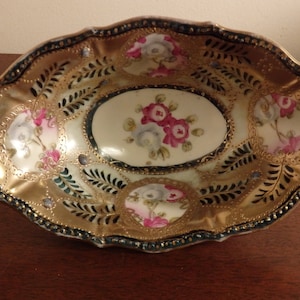 Antique Nippon Maple Leaf Mark Moriage Footed Bowl Circa 1890-1910