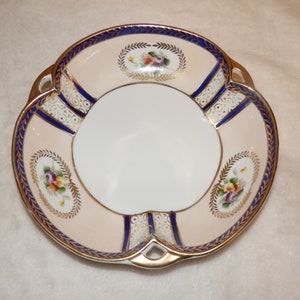 Antique Noritake Hand Painted Clover Bowl: Blue & Gold Floral, 7 inch