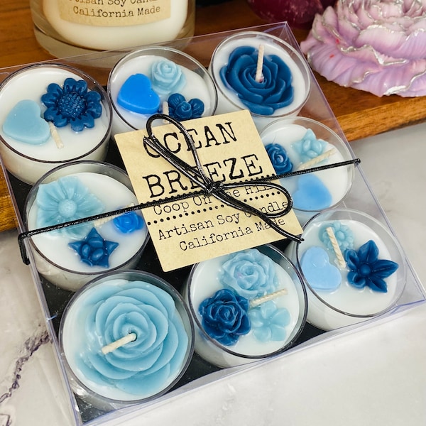 Ocean Breeze Scented Soy Wax Tea lights, Candle Gift, Botanical Mini Blue Candles, Calming tranquility And Relaxation, Self Love, Self Care