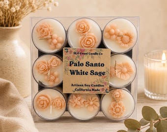 Floral Soy Tea Light Candles Set of 9, Palo Santo White Sage Aromatherapy Candle Gift Set, Pastel Botanical Cleansing Ritual Candles