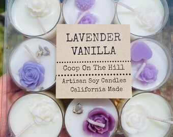 Lavender Vanilla Scented Soy Wax Tea lights, Gift Set of 9, Aromatherapy,  Unique Handmade Small Flower Candles, Gift for Mom and Wife