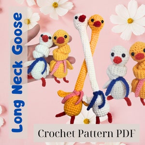 May include: Crochet pattern PDF for making a long-necked goose. The pattern includes instructions for making a white goose, a yellow goose, and a long-necked goose with a white body and a yellow neck. The pattern is shown with a hand holding the finished crocheted geese.