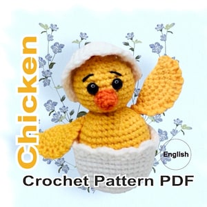 Puede incluir: Patrón de crochet PDF para un pollito amarillo en una cáscara de huevo. El pollito tiene ojos negros, un pico naranja y una cáscara de huevo blanca. El patrón está en inglés.