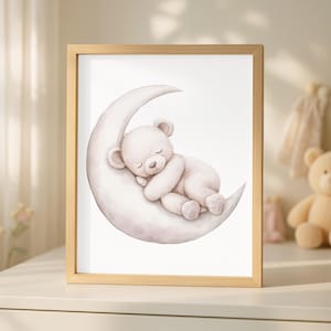 A Cute Bear Sleeping On The Moon, Kids Room Nursery Wall Art Decor Printable