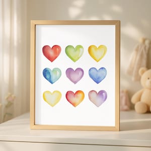Watercolor Hearts Rainbow Nursery Wall Art Printable Decor Kids Room Digital