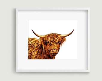 Highland cow art downloadable prints. Shaggy highland cow print. Printable wall art for farmhouse decor, southwestern decor or cow gifts.
