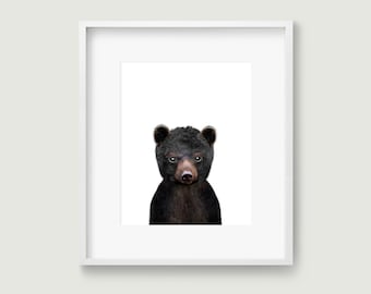 Black bear art print forest animals printable wildlife poster. Nursery wall art animals printable, simple artwork for a kids room decor.