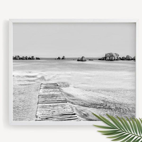 Ocean photography printable art landscape. Black and white beach print sand photo. A simple artwork of calm scenery digital download.