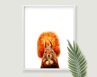 Squirrel print printable art. Woodland nursery wall art. Kids playroom forest animal print. Digital download easy printable wall art.