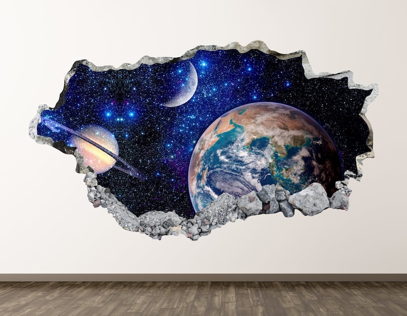Earth Space Wall Decal Planets Galaxy 3D Smashed Wall Decor Art Sticker Kids Vinyl Mural Poster Custom Gift BL132