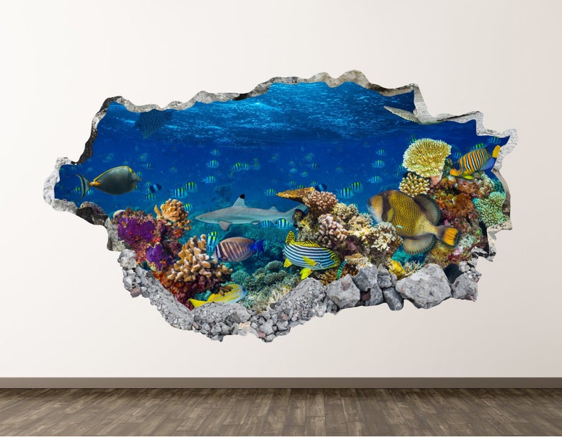 Aquarium Wall Decal Sea Animals 3d Smashed Decor Art Sticker Kids Vinyl Mural Custom Gift Bl51