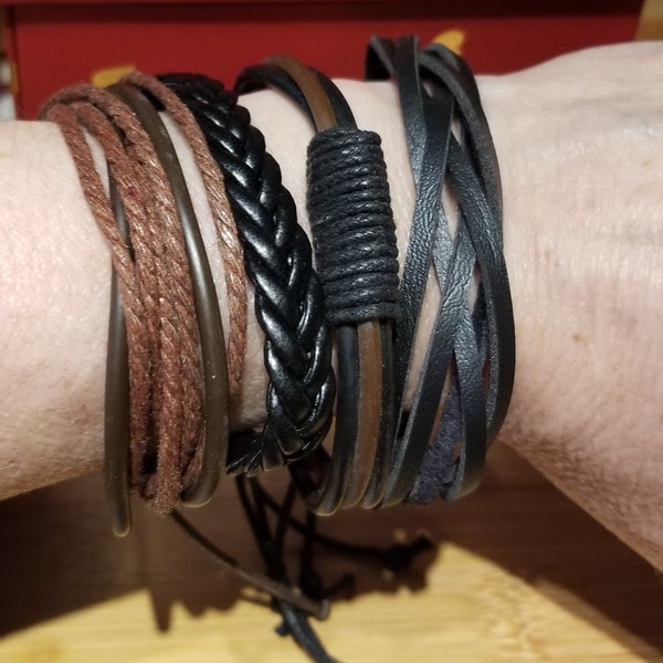 Synthetic Leather Bracelets - Adjustable, Cruelty-Free - Black and Brown - Wicca & Pagan Inspired - Imitation Leather