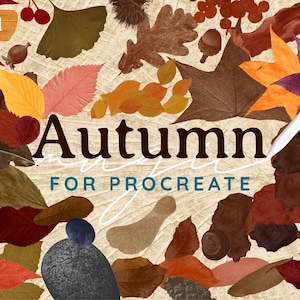 May include: A digital illustration featuring a variety of autumn leaves, acorns, and berries in shades of red, orange, brown, and yellow. The text "Updated" appears in the top left, with "Autumn" and "FOR PROCREATE" centred in the middle.